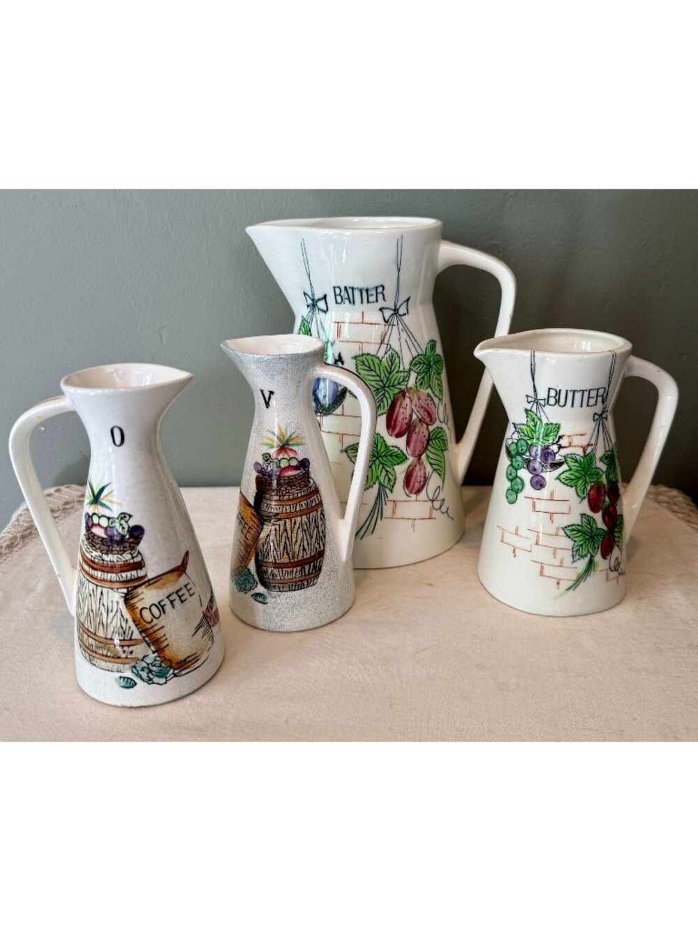 Vintage Kitchen Pitcher Set, Oil Vinegar Butter Batter Cruets, Cottage Farmhouse